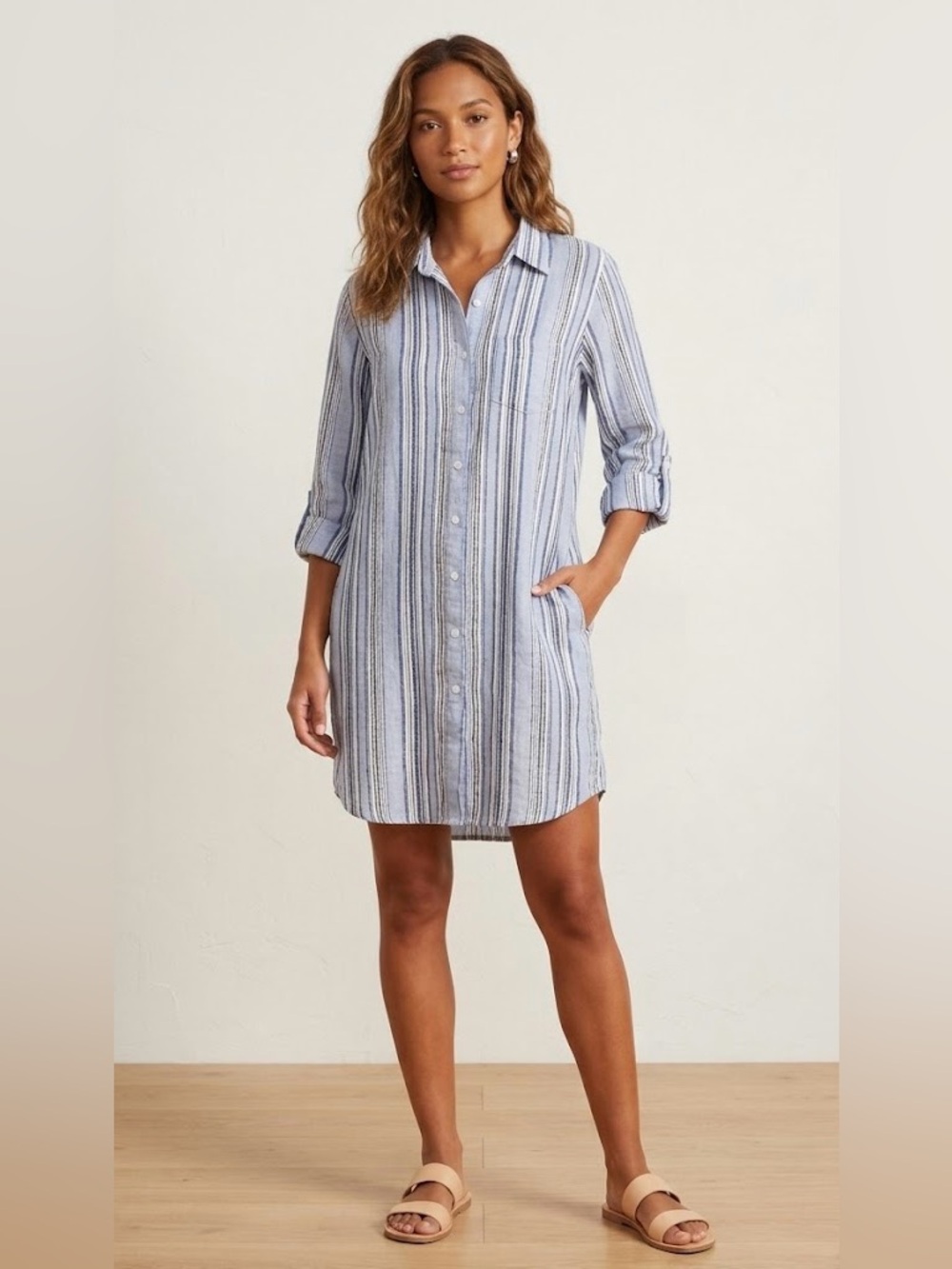 Karen Kane Striped Button-Front Shirt Dress in Blue and White